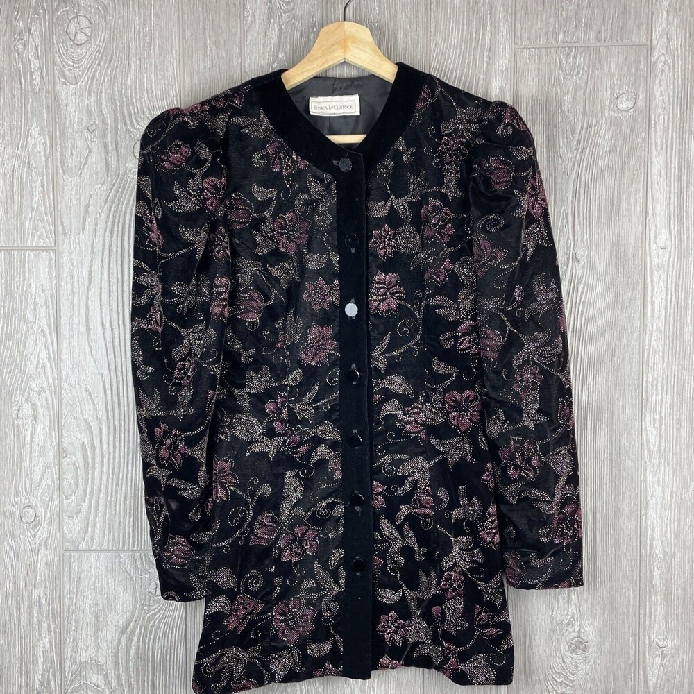 Jessica McClintock Blazer Jacket Womens‎ Small Black Floral Velvet 80s Glam